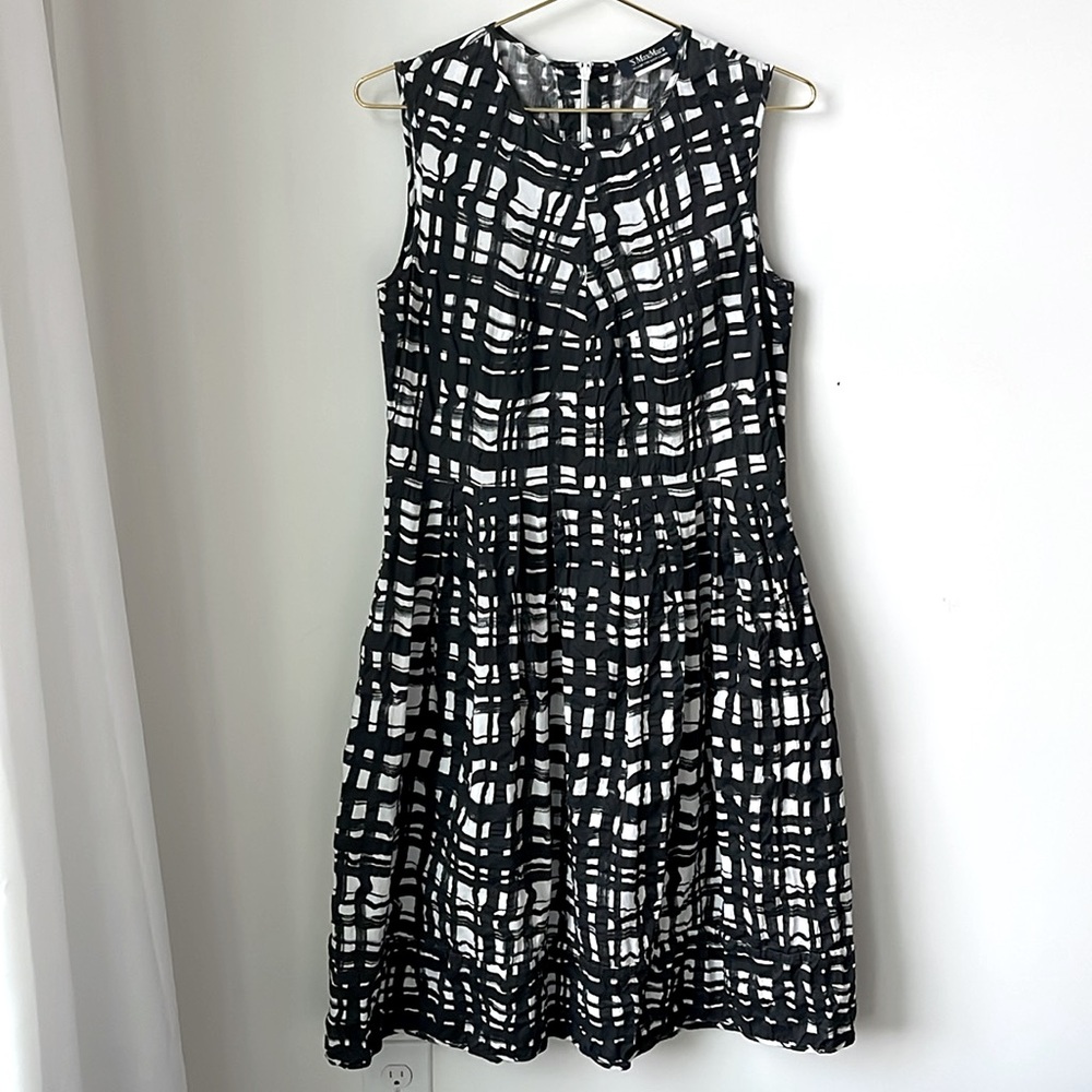 ‘S MaxMara Fit & Flare Black White Geometric Print Dress Zip Back Size M *